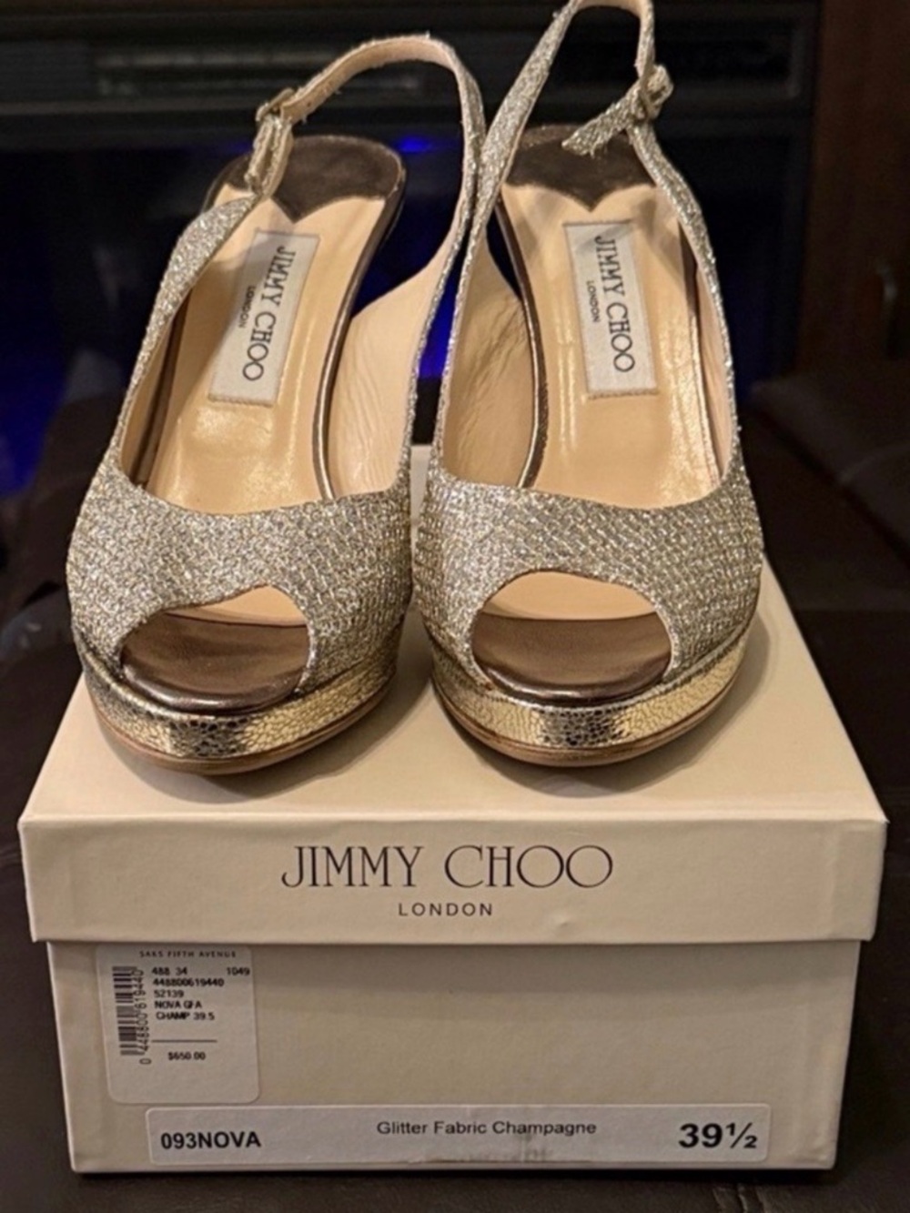 Jimmy Choo Glitter Platform Slingback Heels in Champagne  $650 NIB Saks 5th Ave